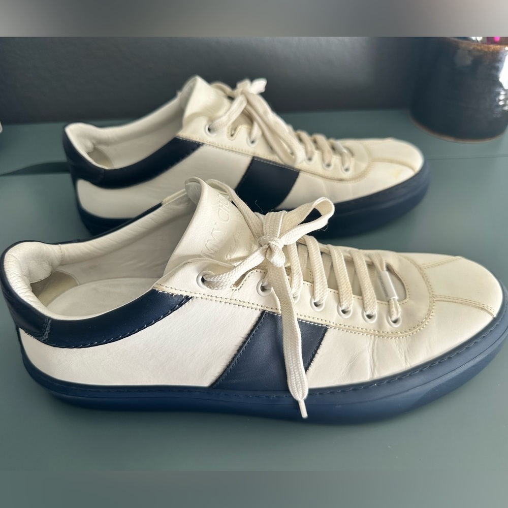 Jimmy Choo leather low trainers men's shoe in blue / white --- size 45
